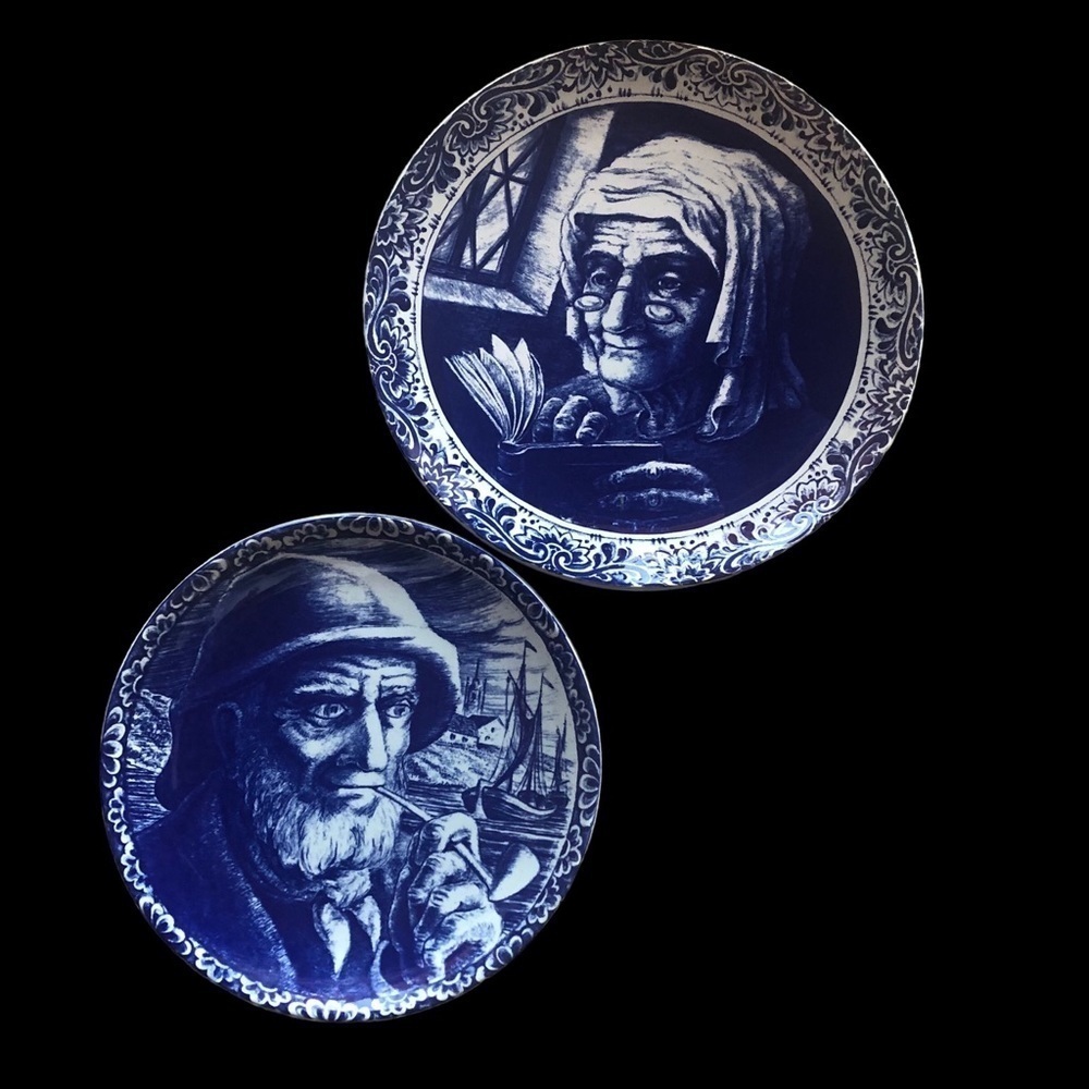 DELFT/ Vintage Boch Frères La Louviere Belgium Sea Captain & Old Woman Plates(2)
